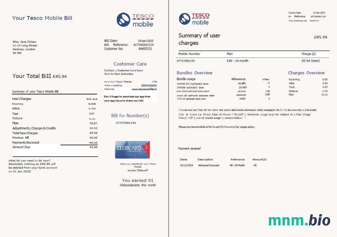 Wielka Brytania Tesco Mobile rachunek za media szablon w formacie Word i PDF, 2 strony, Wersja 2